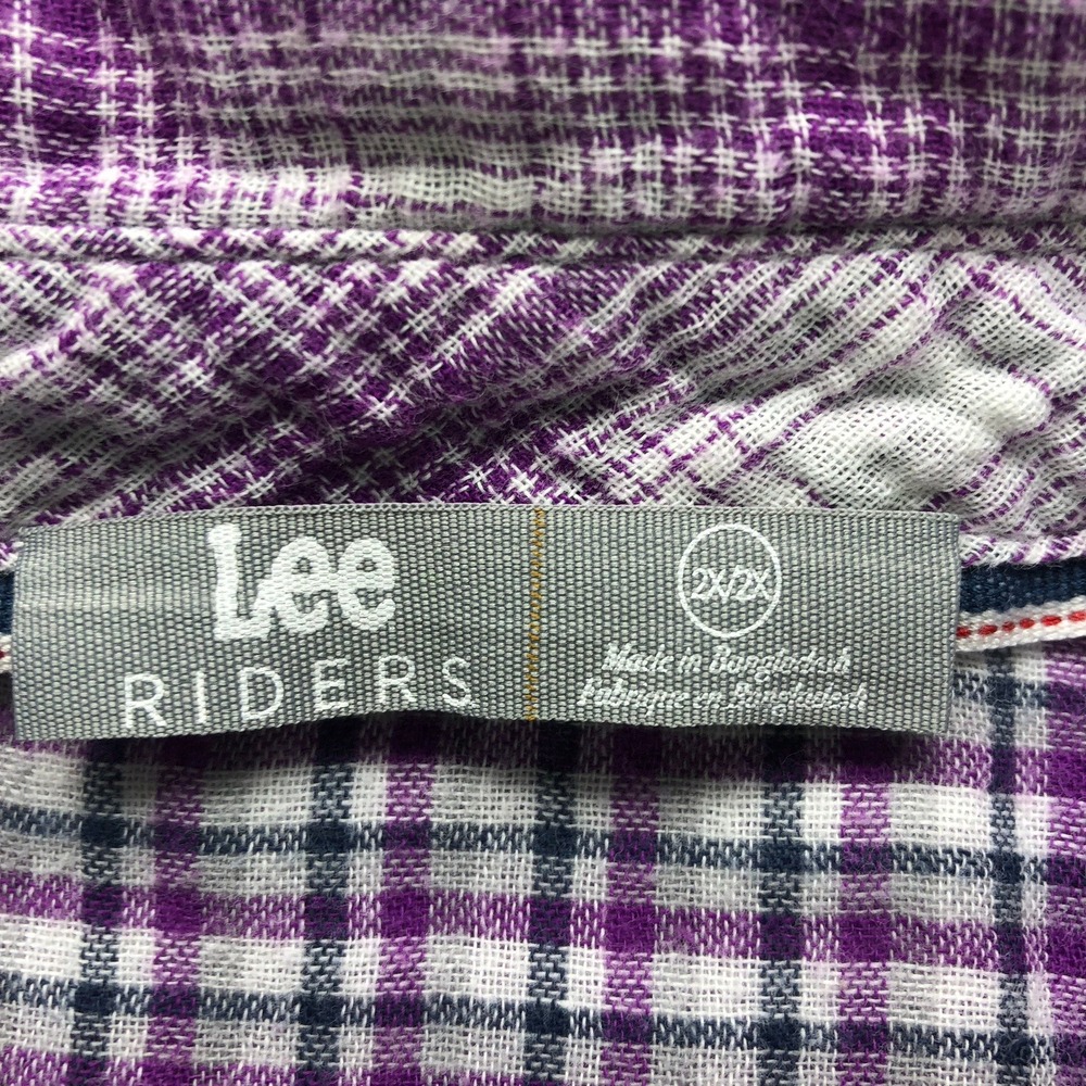 Lee Riders Womens 2X Plus Purple White Plaid Button Up Long Sleeve Shirt Ruffled - Picture 2 of 9